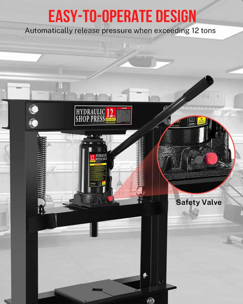 12-Ton Hydraulic Shop Press With H-Frame Floor Standing Bearing Press for garage and metalworking, close-up of safety valve