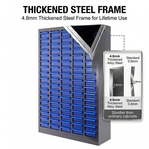 Image showing a 100 Drawer Parts Cabinet with Mega Capacity For Garage Shop Tools. Features blue drawers and thickened steel frame.
