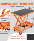 Heavy Duty Hydraulic Lift Table Cart With 500 Pound Capacity And 28.5 Inch Max Rise showing limiter, protection bar, and non-slip surface.