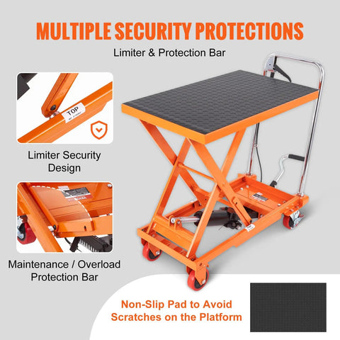 Heavy Duty Hydraulic Lift Table Cart With 500 Pound Capacity And 28.5 Inch Max Rise showing limiter, protection bar, and non-slip surface.