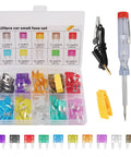 Hella Durable 120 Piece Blade Fuse Assortment Kit With Built In Tester And Heavy Duty Puller For Fast Auto Electrical Fixes, assorted fuses and puller.