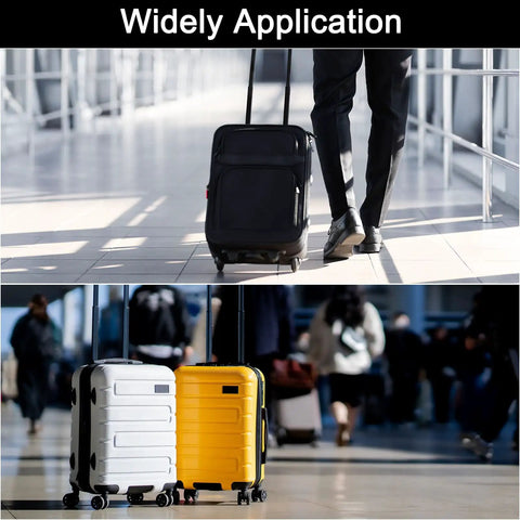 People traveling with suitcases using 4 Pack Luggage Replacement Pads With Plastic Stand Feet For Suitcase And Travel Gear Bottom Side Accessories Includes Self Tapping Screws Black 42x19x13mm.