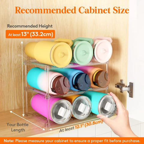 Clear Three-Tier Stackable Bottle Organizer For Wine And Drinkware in cabinet, holding nine colorful tumblers.