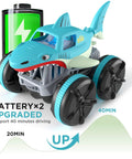 Amphibious RC Shark Car 1:14 Scale, 2.4GHz 4WD Waterproof All Terrain Monster Truck with dual batteries and shark theme.