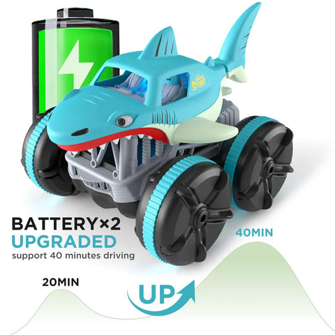 Amphibious RC Shark Car 1:14 Scale, 2.4GHz 4WD Waterproof All Terrain Monster Truck with dual batteries and shark theme.
