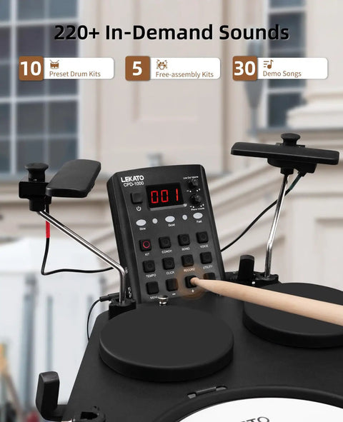 Close-up of control panel on Quiet Dual Layer Mesh Snare Electronic Drum Set With Over 220 Sounds, USB MIDI, showing buttons and display.