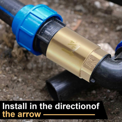Close-up of brass 3/4-inch inline check valve with blue plastic nut on black irrigation pipe