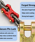 2 Pack 1/4 to 5/16 Inch Chain Repair Links For 8 Gauge Chains, G70 Twin Clevis Link With 4630 Lbs Working Load Limit, Double Clevis Link For Trucks, Trailers, Warehouses, And Seaports, Red Finish, Beefy Heavy Duty Rigging Gear red G70 twin clevis chain link with locking pin on steel chain