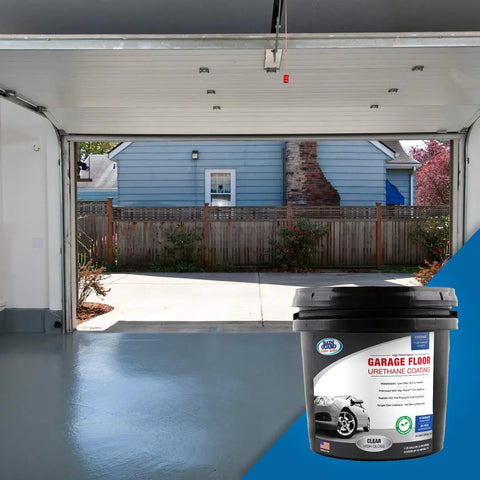Clear High Gloss Garage Floor Urethane Sealant With Premixed Slip Resistant Grit For Hella Grippy Floors Non Yellowing Peel Safe Formula Ready To Roll Covers Up To Two Hundred Square Feet One Gallon Size in garage setting.