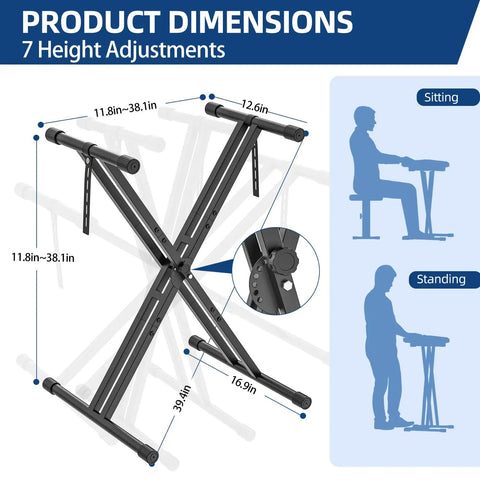 Product dimensions of Heavy Duty X Style Keyboard Stand For 54 To 88 Key Electric Pianos And Synth adjustable from 11.8 to 38.1 inches.