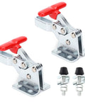 Pair Of Heavy Duty Welding Toggle Clamps Featuring Horizontal Jaw Design And Quick Release Handles For Sick Grip Performance That Locks Material Down Tight Without Any Hassle During Tough Custom Shop Builds, shown with red handles and steel plates.