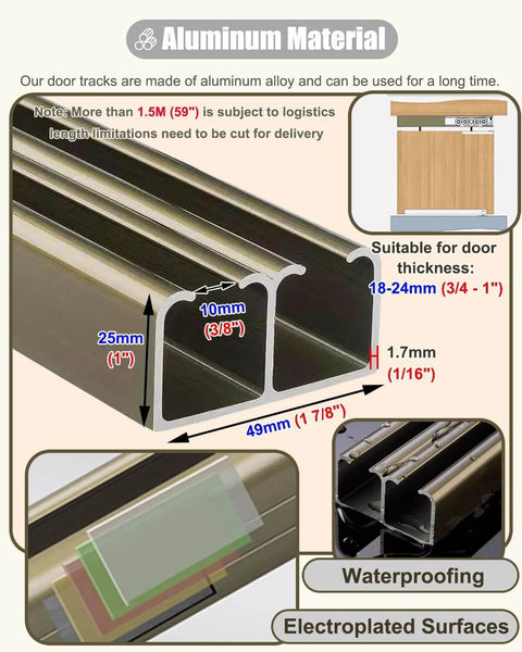Cross-section view of aluminum rail for Sliding Barn Door Hardware Kit, showing dimensions and features like waterproofing and electroplated surfaces.