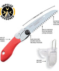 Badass Pocket Folding Saw With 5 Inch Razor Sharp Blade, red rubberized handle, chrome blade, great for yard cleanup.
