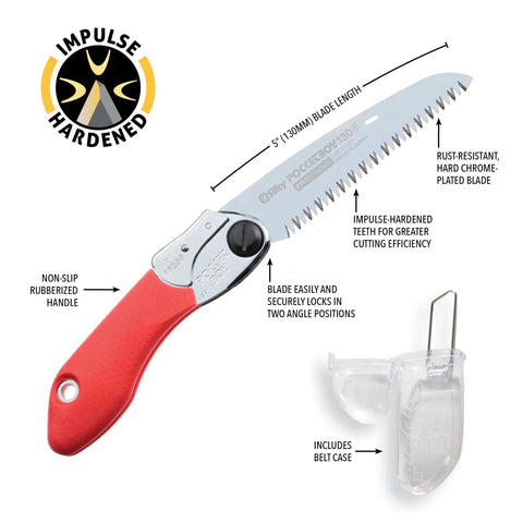 Badass Pocket Folding Saw With 5 Inch Razor Sharp Blade, red rubberized handle, chrome blade, great for yard cleanup.