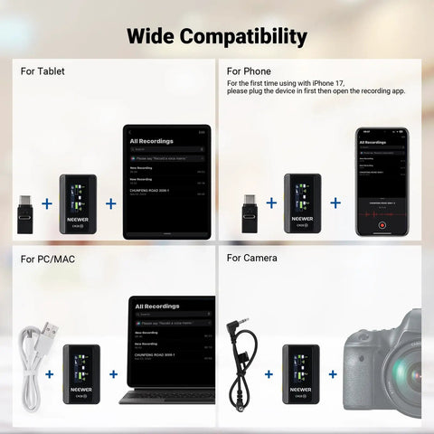 Wide compatibility of Pro Grade Wireless Lavalier Mic Set With Dual Transmitters And Receiver for tablet, phone, PC/MAC, camera.
