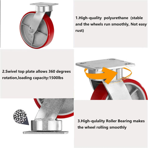 Rock Solid 8X2 Inch Swivel Casters Kingpinless Polyurethane Wheels feature a 360-degree swivel plate for easy maneuverability.