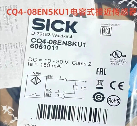 CQ4-08ENSKU1 Capacitive Proximity Sensor packaging label with technical specifications and barcode visible