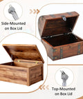 4 Pack 15 Inch Soft Close Toy Box Hinges With 100N Gas Struts for Heavy Lids shown on wooden boxes.