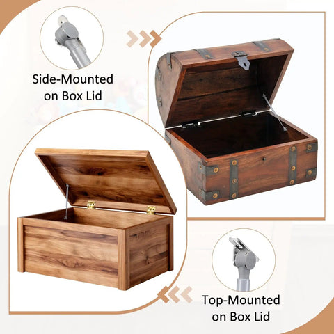 4 Pack 15 Inch Soft Close Toy Box Hinges With 100N Gas Struts for Heavy Lids shown on wooden boxes.