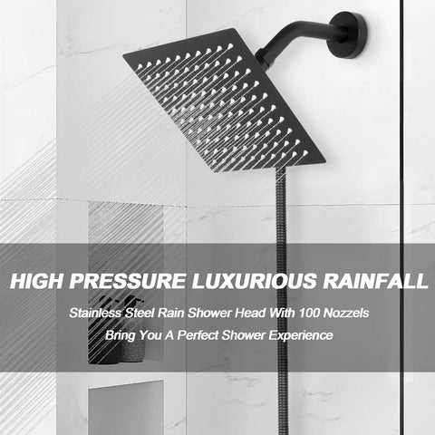 High Pressure Shower Head With Hose And Handheld Spray 3 Settings Push Button Flow Control 8 Inch Matte Black Stainless Steel Rain Shower Combo on wall