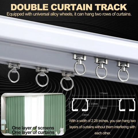 Easy Install Heavy Duty Aluminum Double Curtain Track System With Ceiling Mount Smooth Silent Sliding Rails For Drapes Room Dividers Living Room And Bedroom White Finish 2.3m 7.5ft Length double curtain track with rings, 2-row ceiling mount, 2.3m white aluminum