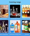 Image showcasing various canning options including drinks, wine, sauces, perfumes, disinfectants, and pesticides.