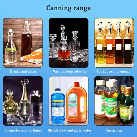 Image showcasing various canning options including drinks, wine, sauces, perfumes, disinfectants, and pesticides.