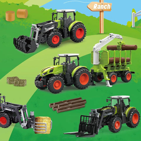 Awesome Remote Control Tractor Farm Playset with Trailer and Timber Truck featuring 2.4GHz RC tractor, wood grabber, and accessories