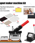 DIY Fridge Magnet Maker Kit with 2x2 2x3 2.5x2.5 and 2.5x3.5 inch sizes, shows machine, cutter, materials, and sample magnets.