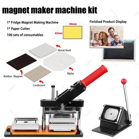 DIY Fridge Magnet Maker Kit with 2x2 2x3 2.5x2.5 and 2.5x3.5 inch sizes, shows machine, cutter, materials, and sample magnets.