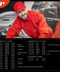 Mechanic in red uniform with hood open showing compatibility chart for Pontiac, Oldsmobile, Saab models.