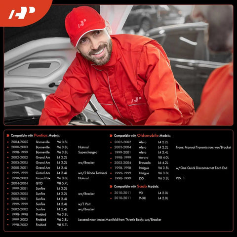 Mechanic in red uniform with hood open showing compatibility chart for Pontiac, Oldsmobile, Saab models.