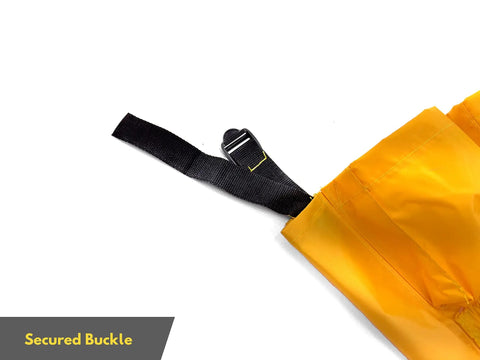 Close-up of Janitorial Trash Can Caddy Bag Fits 32 To 48 Gallon Cans With 12 Pockets, showing secure buckle and adjustable strap.