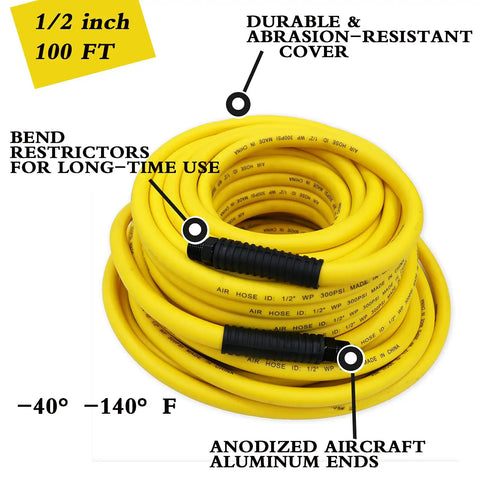 Half Inch Air Hose 100 Ft Heavy Duty Lightweight For Air Compressor With 300 PSI Working Pressure And MNPT Fittings A Real Workhorse For Home Garage And Shop Use Flexible Durable And Kink Resistant