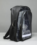 Slick Clear PVC Tool Backpack For Cleanroom Engineers Hauling Laptops And Essential Kits With Cushioned Straps And Reinforced Handles, side view.
