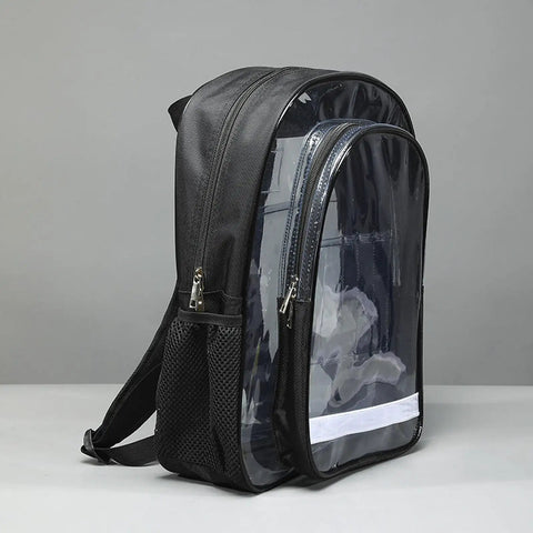 Slick Clear PVC Tool Backpack For Cleanroom Engineers Hauling Laptops And Essential Kits With Cushioned Straps And Reinforced Handles, side view.
