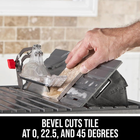 Person using 7 Inch Wet Tile Saw With HydroLock Water Containment System for precise bevel cuts on a tile