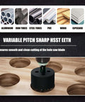 Front view: 9.8-inch hole saw set with heavy-duty bi-metal HSS arbor; black, for wood, plastic, drywall