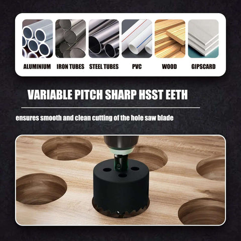 Front view: 9.8-inch hole saw set with heavy-duty bi-metal HSS arbor; black, for wood, plastic, drywall