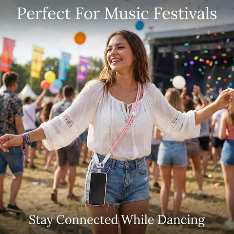 Young woman at festival using Pink 3 Pack Phone Lanyard Crossbody With Matching Color Pads And Spare Tabs for travel essentials.