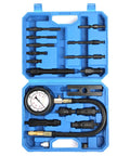 Front view of Yonligonju 17pc diesel engine compression tester kit in blue case with pressure gauge and assorted adapters