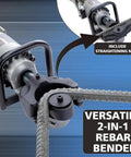 Heavy Duty Hydraulic Rebar Bender With Powerful 2000w Motor For Easy Bending And Straightening Up To 1.25 Inch Steel Rods In Just Seconds showing bending head and rebar.