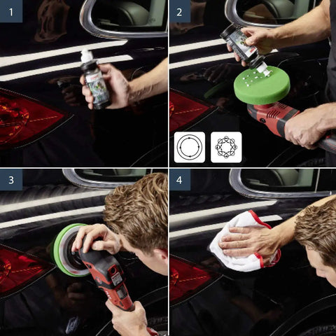 Scratch And Swirl Remover Polish For Black Car Paint Machine Polish For Paint Correction Slick Showroom Shine High Gloss Finish No Fillers Formula OEM Grade Shine 250ml 8.45 Fl Oz Auto Detailing bottle and polishing steps on black car paint