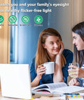 Two women using laptop with flicker-free Dimmable G25 LED Globe Vanity Bulbs 100W Equivalent 1200 Lumens 5000K Daylight White