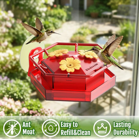 Two Pack Window Hummingbird Feeder With Super Sturdy Suction Cups And Built In Ant Moat Easy To Clean And Refill Eight Point Eight Ounce Capacity Outdoor Red Feeders For Quick Bird Watching