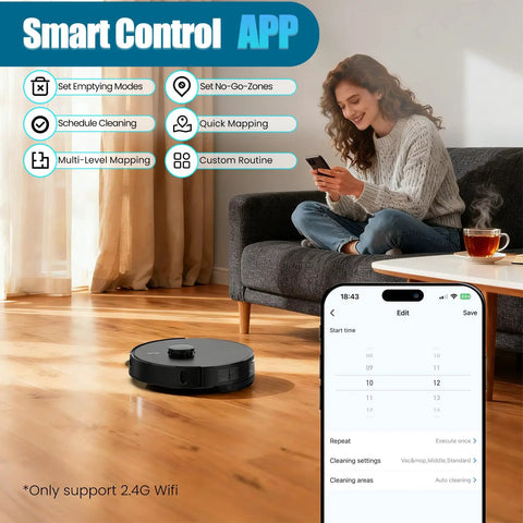 Self Emptying Robot Vacuum And Mop With 8000 Pa Suction LiDAR Mapping 75 Day Hands Free Capacity shown with app control on phone