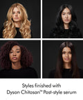 Four hairstyles showcasing results of Chitosan Post Style Hair Serum For All Hair Types With All Day Hold Smooth Shine Frizz Free Finish Lightweight Post Styling Serum Delivers Two Times Longer Hold And Up To 50 Percent Less Frizz.