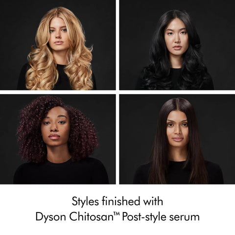 Four hairstyles showcasing results of Chitosan Post Style Hair Serum For All Hair Types With All Day Hold Smooth Shine Frizz Free Finish Lightweight Post Styling Serum Delivers Two Times Longer Hold And Up To 50 Percent Less Frizz.