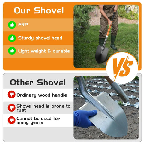 Comparison of Heavy Duty Spade Shovel For Digging 56 Inch Garden Shovel with fiberglass handle vs ordinary shovel on grass.