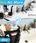 Odorless Mesh Shower Caddy With Dual Handles 8 Pocket Quick Dry Travel Organizer displaying tidy bathroom items vs cluttered setup